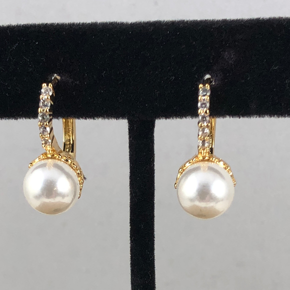 14K Yellow Gold Plated Pearls & Crystals Hoops - Picture 1 of 5